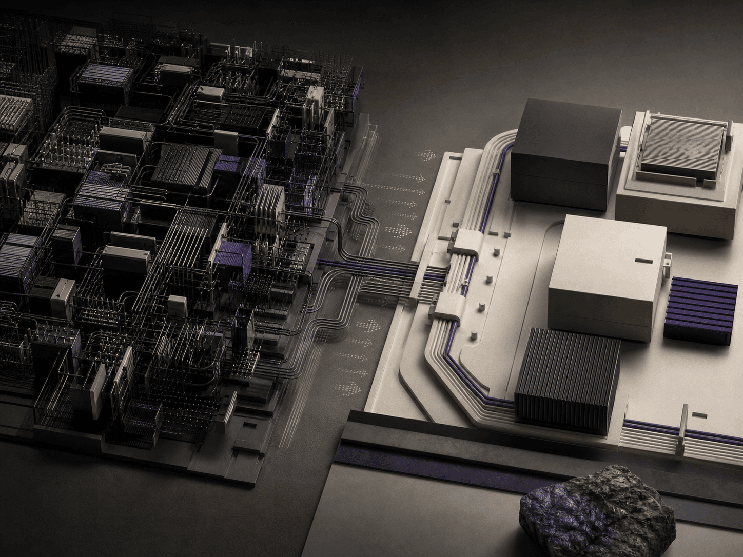 A dense technical architecture resolving into clear operating modules